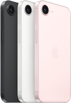 iPhone 17e, partes lateral y posterior, color negro, partes lateral y posterior, color blanco, partes lateral y posterior, color rosa pálido, cámara Fusion en la esquina superior, botón lateral