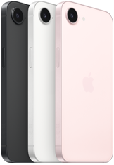 iPhone 17e, partes lateral y posterior, color negro, partes lateral y posterior, color blanco, partes lateral y posterior, color rosa pálido, cámara Fusion en la esquina superior, botón lateral