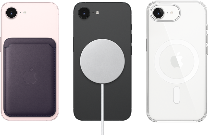iPhone 17e, parte posterior, color rosa pálido, cartera de FineWoven con MagSafe acoplado, iPhone 17e, parte posterior, color negro, cargador MagSafe acoplado, iPhone 17e, parte posterior, color blanco, funda transparente con MagSafe acoplado