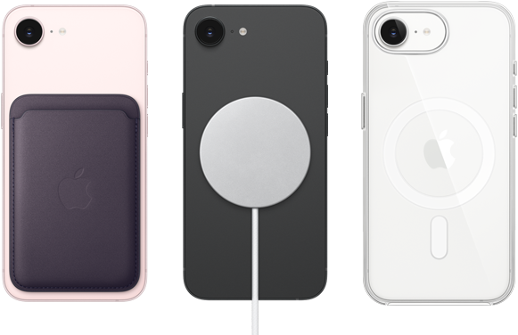 iPhone 17e, parte posterior, color rosa pálido, cartera de FineWoven con MagSafe acoplado, iPhone 17e, parte posterior, color negro, cargador MagSafe acoplado, iPhone 17e, parte posterior, color blanco, funda transparente con MagSafe acoplado