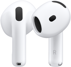 Imagen de la parte posterior y frontal de un par de AirPods. El de la derecha tiene la letra R en la parte inferior para indicar que va en el oído derecho