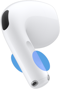 Exterior de uno de los AirPods 5, círculos azules resaltan dónde tocar la parte inferior para ajustar el volumen