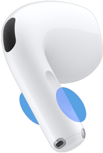 Exterior de uno de los AirPods 5, círculos azules resaltan dónde tocar la parte inferior para ajustar el volumen