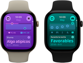 Dos dispositivos Apple Watch Series 12: caja de aluminio, color oro claro, signos vitales diurnos ligeramente alterados, Digital Crown, correa deportiva color arena, caja de aluminio, color negro, signos vitales nocturnos favorables, Digital Crown, correa deportiva negra