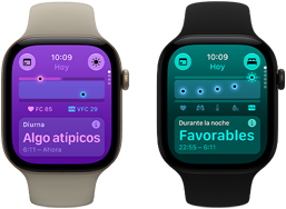Dos dispositivos Apple Watch Series 12: caja de aluminio, color oro claro, signos vitales diurnos ligeramente alterados, Digital Crown, correa deportiva color arena, caja de aluminio, color negro, signos vitales nocturnos favorables, Digital Crown, correa deportiva negra