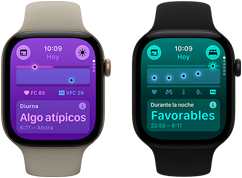 Dos dispositivos Apple Watch Series 12: caja de aluminio, color oro claro, signos vitales diurnos ligeramente alterados, Digital Crown, correa deportiva color arena, caja de aluminio, color negro, signos vitales nocturnos favorables, Digital Crown, correa deportiva negra