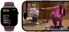 Un Apple Watch junto a un iPhone con una clase de Apple Fitness+ en pantalla
