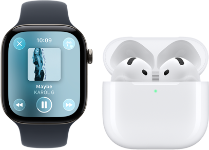Apple Watch Series 12, caja de aluminio, color negro, correa deportiva negra, app Apple Music abierta, enlazado con unos AirPods 4