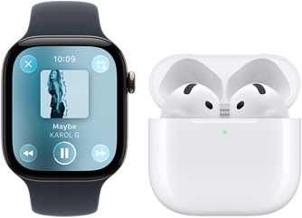 Apple Watch Series 12, caja de aluminio, color negro, correa deportiva negra, app Apple Music abierta, enlazado con unos AirPods 4