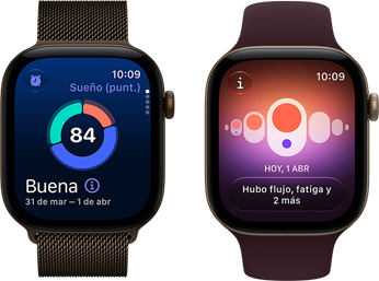 Dos dispositivos Apple Watch Series 12, uno con caja de aluminio, color bronce oscuro, gráfica circular de Puntuación de Sueño, Digital Crown, correa estilo milanés, color bronce oscuro y otro con Control del Ciclo, caja de aluminio, color oro claro, correa loop deportiva, color borgoña.