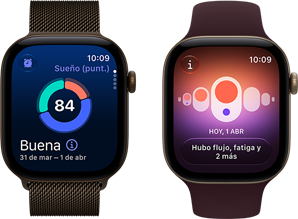 Dos dispositivos Apple Watch Series 12, uno con caja de aluminio, color bronce oscuro, gráfica circular de Puntuación de Sueño, Digital Crown, correa estilo milanés, color bronce oscuro y otro con Control del Ciclo, caja de aluminio, color oro claro, correa loop deportiva, color borgoña.