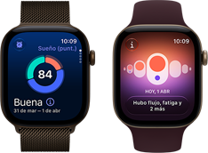 Dos dispositivos Apple Watch Series 12, uno con caja de aluminio, color bronce oscuro, gráfica circular de Puntuación de Sueño, Digital Crown, correa estilo milanés, color bronce oscuro y otro con Control del Ciclo, caja de aluminio, color oro claro, correa loop deportiva, color borgoña.