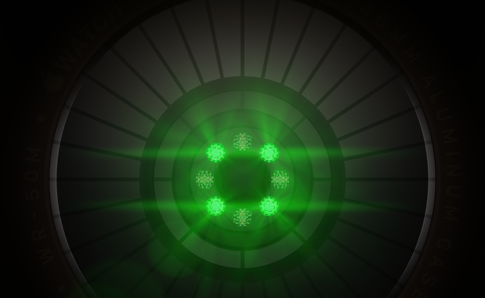Sistema de registro de datos de salud con varios sensores redondos con luces LED verdes y brillantes