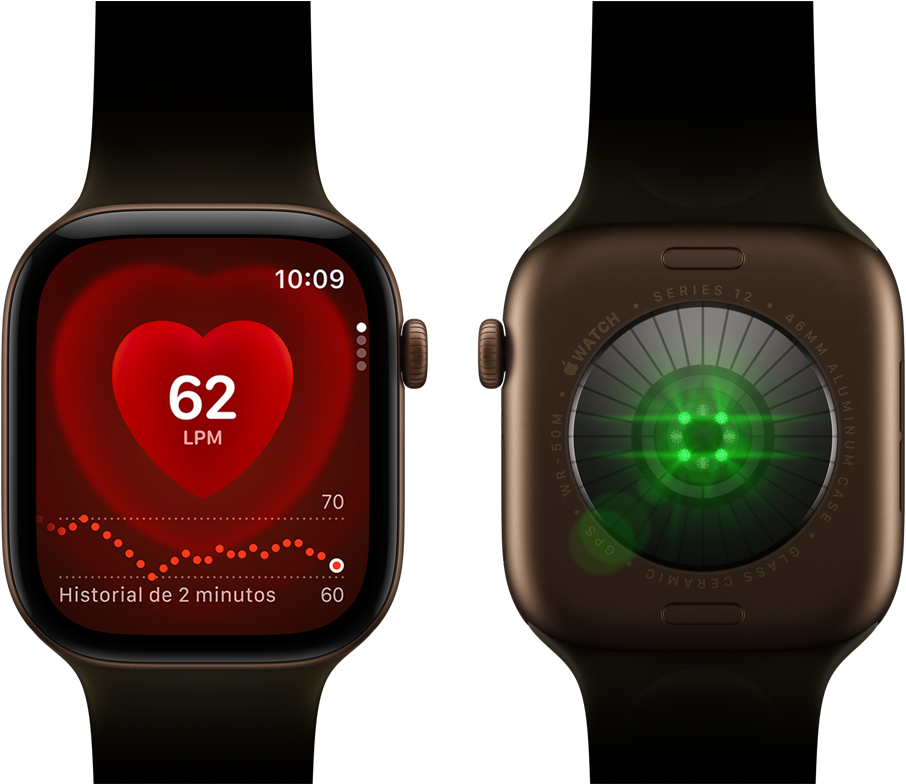 Dos dispositivos Apple Watch Series 12, caja de aluminio, color bronce oscuro con correa deportiva color oliva, uno muestra la app Frecuencia Cardiaca, el otro muestra el sistema de registro de datos de salud en su parte posterior, con luces LED verdes y brillantes