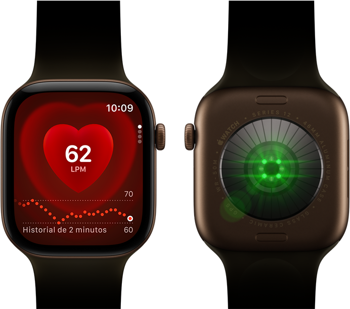 Dos dispositivos Apple Watch Series 12, caja de aluminio, color bronce oscuro con correa deportiva color oliva, uno muestra la app Frecuencia Cardiaca, el otro muestra el sistema de registro de datos de salud en su parte posterior, con luces LED verdes y brillantes