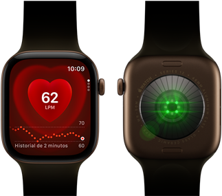 Dos dispositivos Apple Watch Series 12, caja de aluminio, color bronce oscuro con correa deportiva color oliva, uno muestra la app Frecuencia Cardiaca, el otro muestra el sistema de registro de datos de salud en su parte posterior, con luces LED verdes y brillantes