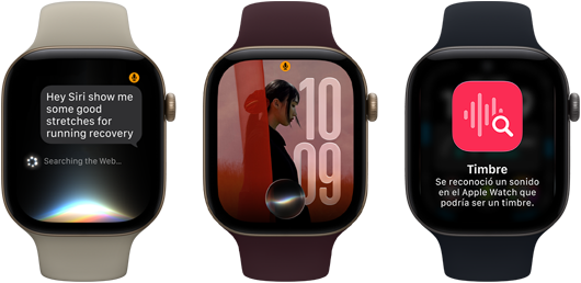 Tres dispositivos Apple Watch Series 12, uno con caja de aluminio color oro claro, conversación con Siri AI, correa deportiva color arena, uno con caja de aluminio color oro claro, foto personalizada en la carátula con una complicación de Siri AI, correa deportiva color borgoña, y uno con caja de aluminio gris espacial, timbre, correa deportiva negra
