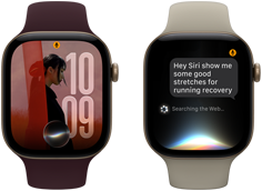 Tres dispositivos Apple Watch Series 12, uno con caja de aluminio color oro claro, conversación con Siri AI, correa deportiva color arena, uno con caja de aluminio color oro claro, foto personalizada en la carátula con una complicación de Siri AI, correa deportiva color borgoña, y uno con caja de aluminio gris espacial, timbre, correa deportiva negra