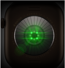 Parte posterior de un Apple Watch Series 12, caja de aluminio, color bronce oscuro, varios sensores redondos con luces LED verdes y brillantes, parte lateral izquierda, Digital Crown, correa deportiva, color oliva