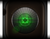 Parte posterior de un Apple Watch Series 12, caja de aluminio, color bronce oscuro, varios sensores redondos con luces LED verdes y brillantes, parte lateral izquierda, Digital Crown, correa deportiva, color oliva