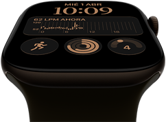 Apple Watch Series 12, caja de aluminio, color bronce oscuro, carátula Modular, complicaciones: día y fecha, Entrenamientos, círculos de Actividad, Apple Music, parte lateral derecha, Digital Crown, correa deportiva, color oliva