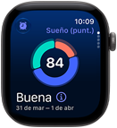 Apple Watch Series 12, caja de aluminio, color gris espacial, gráfica circular de Puntuación de Sueño, parte lateral derecha, Digital Crown