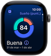 Apple Watch Series 12, caja de aluminio, color gris espacial, gráfica circular de Puntuación de Sueño, parte lateral derecha, Digital Crown