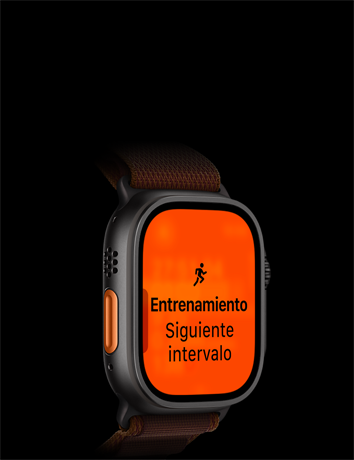 Apple Watch Ultra 4, caja de titanio, color negro, entrenamiento de Carrera, siguiente intervalo, parte lateral izquierda, Botón de Acción naranja, correa Alpine
