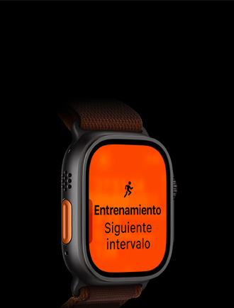 Apple Watch Ultra 4, caja de titanio, color negro, entrenamiento de Carrera, siguiente intervalo, parte lateral izquierda, Botón de Acción naranja, correa Alpine