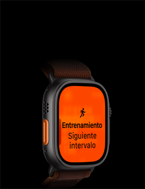 Apple Watch Ultra 4, caja de titanio, color negro, entrenamiento de Carrera, siguiente intervalo, parte lateral izquierda, Botón de Acción naranja, correa Alpine