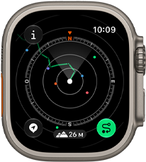 Apple Watch Ultra 4, caja de titanio, color natural, la funcionalidad Retornar muestra la ruta con indicaciones de la brújula, parte lateral derecha, Digital Crown, botón lateral en relieve