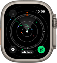 Apple Watch Ultra 4, caja de titanio, color natural, la funcionalidad Retornar muestra la ruta con indicaciones de la brújula, parte lateral derecha, Digital Crown, botón lateral en relieve