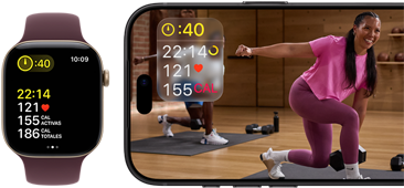 Un Apple Watch junto a un iPhone con una clase de Apple Fitness+ en pantalla