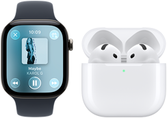 Apple Watch Series 12, caja de aluminio, color negro, correa deportiva negra, app Apple Music abierta, enlazado con unos AirPods 4