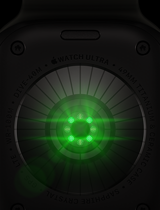 Parte posterior de un Apple Watch Ultra 4, caja de titanio, color negro, varios sensores redondos con luces LED verdes brillantes