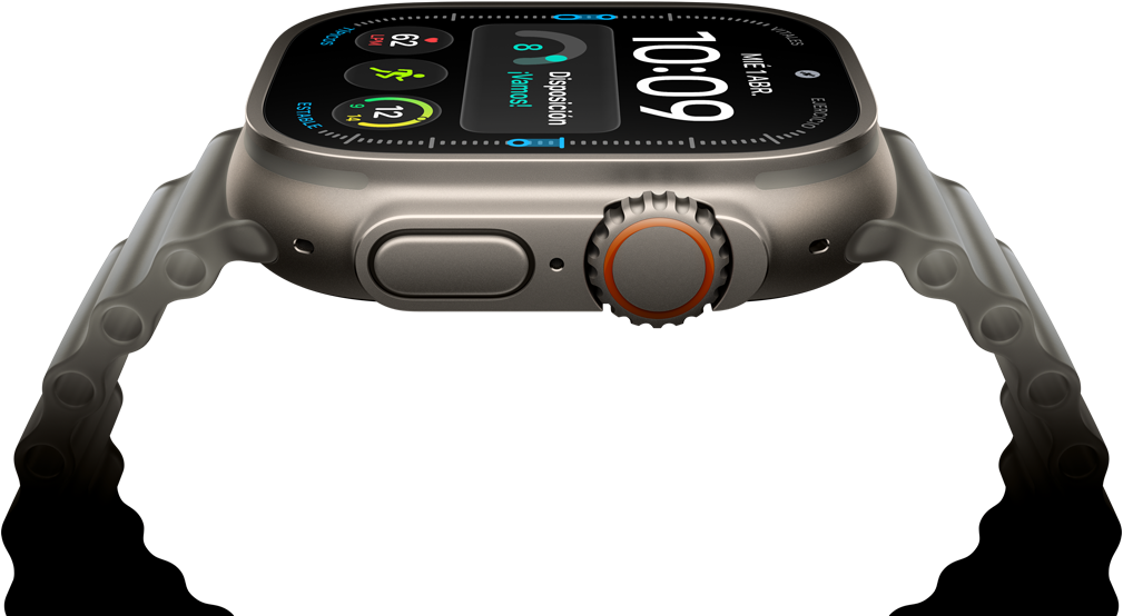 Apple Watch Ultra 4, caja de titanio, color natural, carátula de reloj digital, complicaciones: disposición, frecuencia cardiaca, Entrenamientos, temperatura, parte lateral derecha, Digital Crown, botón lateral en relieve, correa Ocean, color gris translúcido
