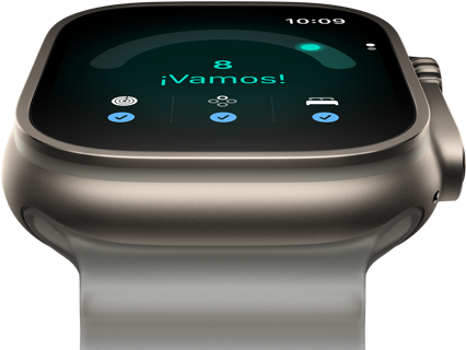 Apple Watch Ultra 4, caja de titanio, color natural, puntuación de disposición de 8, parte lateral derecha, Digital Crown, botón lateral en relieve, correa Ocean, color gris translúcido