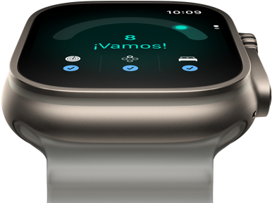 Apple Watch Ultra 4, caja de titanio, color natural, puntuación de disposición de 8, parte lateral derecha, Digital Crown, botón lateral en relieve, correa Ocean, color gris translúcido
