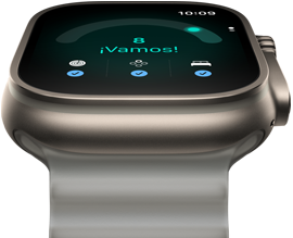 Apple Watch Ultra 4, caja de titanio, color natural, puntuación de disposición de 8, parte lateral derecha, Digital Crown, botón lateral en relieve, correa Ocean, color gris translúcido