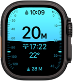Apple Watch Ultra 4, caja de titanio, color negro, la app Profundidad muestra métricas de buceo, parte lateral derecha, Digital Crown, botón lateral en relieve