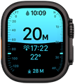 Apple Watch Ultra 4, caja de titanio, color negro, la app Profundidad muestra métricas de buceo, parte lateral derecha, Digital Crown, botón lateral en relieve