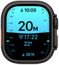 Apple Watch Ultra 4, caja de titanio, color negro, la app Profundidad muestra métricas de buceo, parte lateral derecha, Digital Crown, botón lateral en relieve