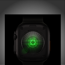 Parte posterior de un Apple Watch Ultra 4, caja de titanio, color negro, varios sensores redondos con luces LED verdes brillantes