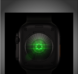 Parte posterior de un Apple Watch Ultra 4, caja de titanio, color negro, varios sensores redondos con luces LED verdes brillantes