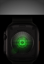 Parte posterior de un Apple Watch Ultra 4, caja de titanio, color negro, varios sensores redondos con luces LED verdes brillantes