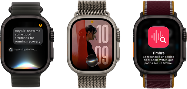 Tres dispositivos Apple Watch Ultra 4, uno con caja de titanio negro, conversación con Siri AI, correa Ocean negra translúcida, uno con caja de titanio natural, foto personalizada en la carátula con una complicación de Siri AI, correa estilo milanés de titanio natural, y uno con caja de titanio negro, timbre, correa Trail color borgoña