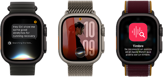 Tres dispositivos Apple Watch Ultra 4, uno con caja de titanio negro, conversación con Siri AI, correa Ocean negra translúcida, uno con caja de titanio natural, foto personalizada en la carátula con una complicación de Siri AI, correa estilo milanés de titanio natural, y uno con caja de titanio negro, timbre, correa Trail color borgoña