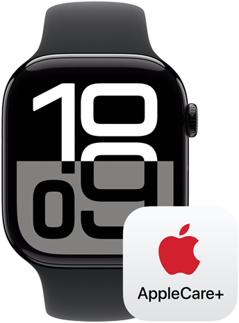 Logo del AppleCare+ junto a un Apple Watch Series 10