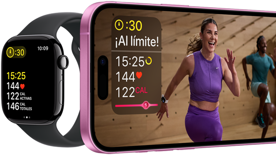 Métricas de entrenamiento en un Apple&nbsp;Watch Series&nbsp;10 y en un iPhone