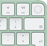Magic Keyboard, esquina superior derecha, color verde, Touch ID , tecla de borrar y teclas de función de volumen